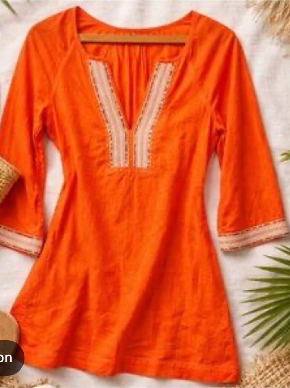 Athleta Orange Embroidered V-Neck Tunic